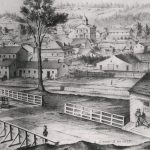 A lithograph of Dundas in 1853 with the foundry building off to the right