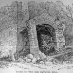 hand drawn picture of an dilapidated stone entryway to the grist mill. This depiction is called 'Ruins of the Old Oatmeal Mill'.