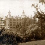 magnificent view of the House of Providence from a distance as many bushes fill the foreground.