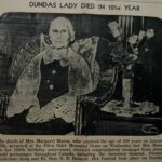 newspaper clipping announcing Margaret Masons death. "Dundas Lady died in 101st year".
