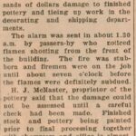 1945 newspaper clipping detailing the fire that destroyed the original workshop