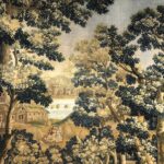 Detail of houses, trees, and water in the background of the tapestry