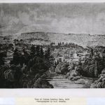 Black and White Photograph by R.S. Brooke from 1870 that showcases the view of Dundas from the west, trees and buildings